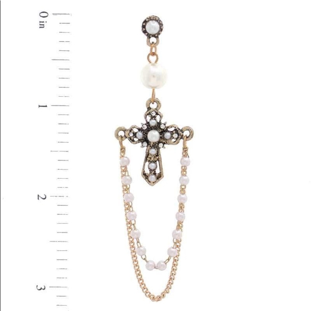Cross Pearl Bead Dangle Earring - Picture 2 of 2
